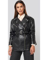 NA-KD Tied Waist Pu Biker Jacket - Zwart