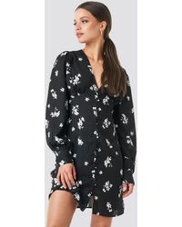 NA-KD Trend Printed Deep V-neck Front Button Dress - Schwarz