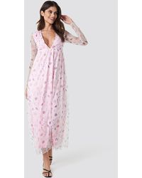 NA-KD Floral Sheer Ls Maxi Dress - Pink
