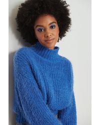 NA-KD Blue Fluffy Knitted Turtleneck Sweater
