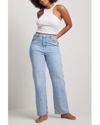 NA-KD Trend Mehrfarbige, gerade Jeans mit Strass - Blau