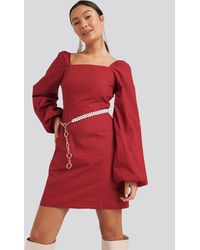 NA-KD Square Neck Balloon Sleeve Dress - Rood
