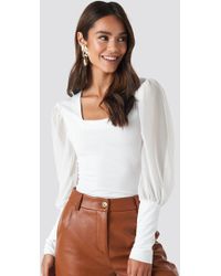 NA-KD Party Mesh Contrast Sleeve Jersey Blouse - Weiß