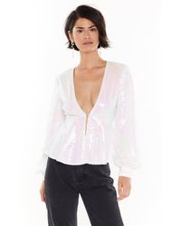 Nasty Gal "treat 'em Sheen V-neck Sequin Top" - White