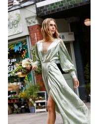 Nasty Gal Satin Floral Print Long Sleeve Maxi Dress - Green