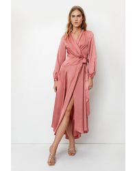 Nasty Gal Satin Long Sleeve Wrap Maxi Dress - Pink