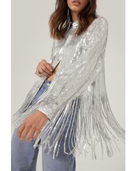 Nasty Gal Longline Sequin Fringed Shirt - Metallic