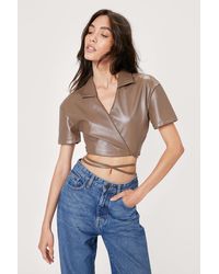 Nasty Gal Faux Leather Wrap Wide Sleeve Crop Top - Grey