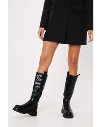 Nasty Gal Faux Leather Round Toe Zip Up Calf High Boots - Black