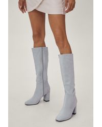 Nasty Gal Knee High Block Heel Faux Suede Boots - Grey