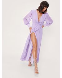 Nasty Gal Sheer Sleeve Maxi Slit Wrap Dress - Purple