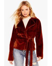 Nasty Gal Keep In Touch Belted Faux Fur Jacket - Red