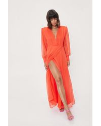 Nasty Gal Sheer Sleeve Maxi Slit Wrap Dress - Orange