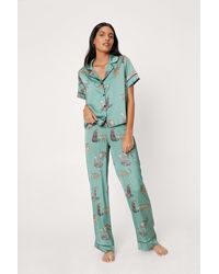 Nasty Gal Satin Cheetah Button Pyjama Trouser Set - Green