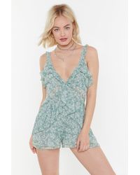 Nasty Gal "flower Down Ruffle Plunging Romper" - Blue