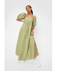 Nasty Gal Shirred Puff Sleeve Square Neck Maxi Dress - Green