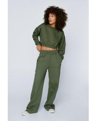Nasty Gal Tab Detail Wide Leg Sweatpants And Cropped Sweatshirt Set - Green
