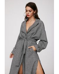 Nasty Gal Rain Check Houndstooth Belted Coat - Black