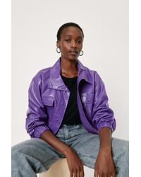 Nasty Gal Funnel Neck Croc Embossed Faux Leather Jacket - Purple