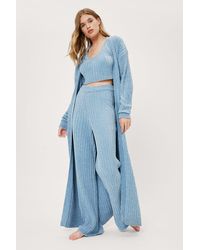 Nasty Gal Ribbed Chenille Cardigan And Wide Leg Pants 3pc Set - Blue