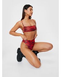 Nasty Gal Tiger Print Strappy High Leg Bikini Set - Red