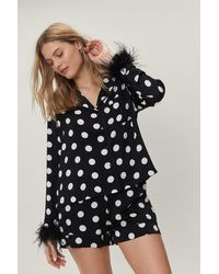 Nasty Gal - Polka Dot Feather Trim Pajama Shirt And Shorts Set - Lyst