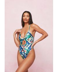 Nasty Gal Tropical Print Cut Out Tie Swimsuit - Blue