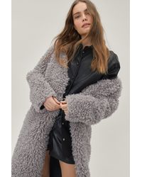 Nasty Gal Shaggy Borg Faux Fur Longline Coat - Grey