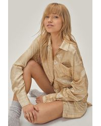 Nasty Gal Jacquard Check Oversized Pyjama Shirt And Shorts Set - Natural