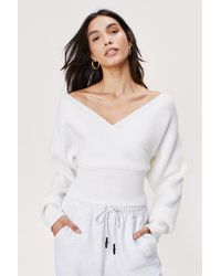 Nasty Gal Ribbed Wrap Front And Back Long Sleeve Sweater - White