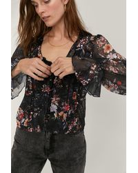 Nasty Gal Floral Chiffon Lace Up Blouse - Black