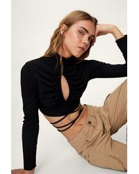 Nasty Gal Cut Out Ruched Detail Funnel Neck Top - Black