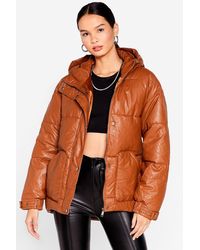 Nasty Gal Faux Leather Belted Puffer Jacket - Brown