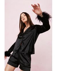 Nasty Gal Satin Feather Pyjama Shirt And Shorts Set - Black