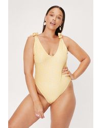 Nasty Gal Plus Size Gingham Print Tie Shoulder Swimsuit - Yellow