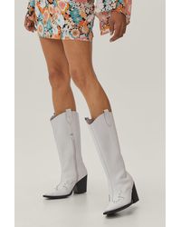 Nasty Gal Knee High Real Leather Pointed Cowboy Boots - White