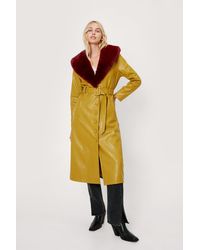 Nasty Gal Faux Fur Trimmed Faux Leather Belted Coat - Yellow