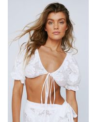 Nasty Gal Lace Puff Sleeve Tie Front Cover Up Top - White