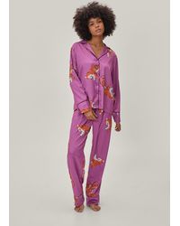 Nasty Gal Recycled Satin Tiger Pyjama Shirt And Pants Set - Purple