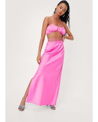 Nasty Gal Satin Strappy Waist Split Hem Maxi Skirt - Pink