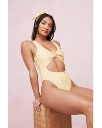 Nasty Gal Gingham Print Cut Out Swimsuit And Scrunchie Set - Yellow