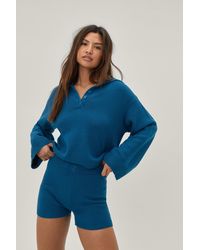Nasty Gal Knitted Wide Sleeve Sweater And Shorts Loungewear Set - Blue