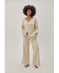 Nasty Gal Knitted V Neck Sweater And Pants Lounge Set - Natural