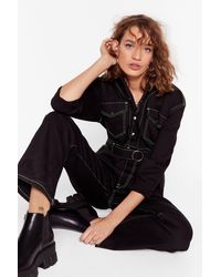Nasty Gal "a Total Stitch Fest Long Denim Boilersuit" - Black