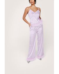 Nasty Gal Satin Feather Pyjama Cami Top And Pants Set - Purple