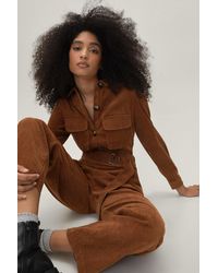 Nasty Gal Corduroy Belted Waist Button Down Boilersuit - Brown