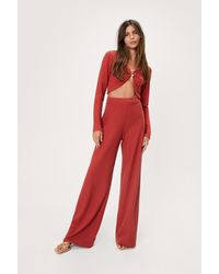 Nasty Gal Ribbed Pearl Detail Top And Wide Leg Pants Set - Red