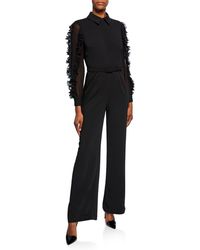 Badgley Mischka Long-sleeve Belted Ruffle Jumpsuit - Black