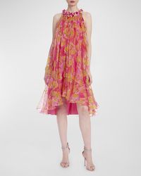Badgley Mischka - Floral-Print High-Low Trapeze Halter Midi Dress - Lyst