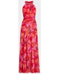 Teri Jon - Beaded Floral-Print Chiffon Halter Gown - Lyst